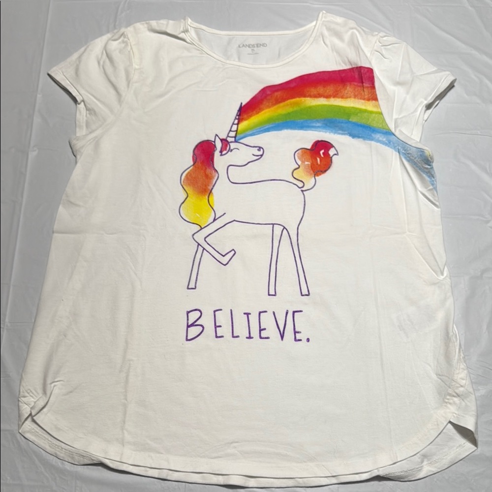 Land’s End White Unicorn Graphic Tee with Rainbow Design Pride NWOT Sz XL 16